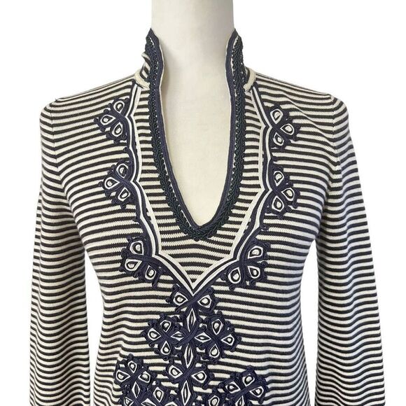 Tory Burch Knit Dress or Tunic V-Neck Long-Sleeve Black & White Striped Embroide - Picture 2 of 12